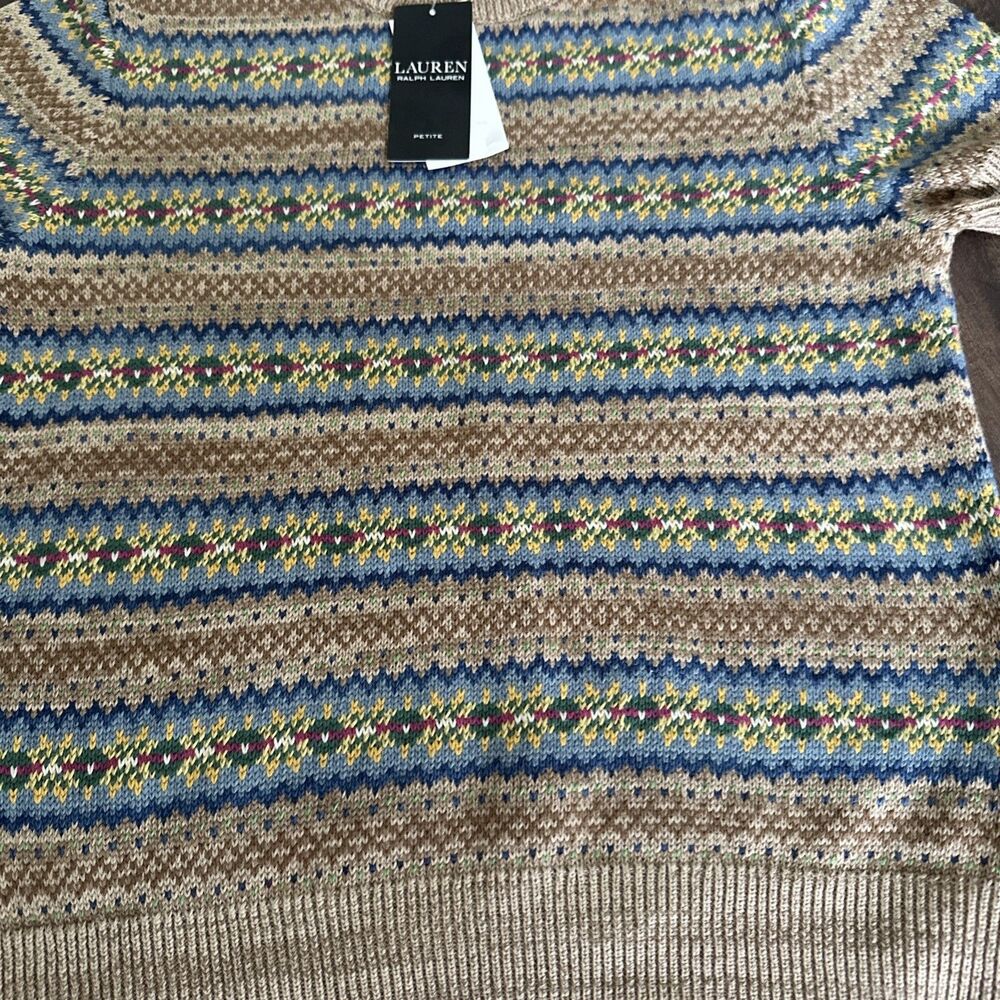Lauren Ralph Lauren Women's Petite Fair Isle Short Sleeve Sweater Top Tan P/M - Picture 6 of 10